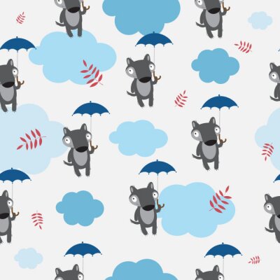 Papier peint à motif  Loups avec parapluies et nuages ​​pour enfants