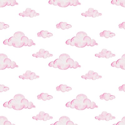 Papier peint à motif  Modèle de douche de bébé aquarelle. Nuages ​​roses sur le fond blanc. Pour la conception, l'impression ou le fond