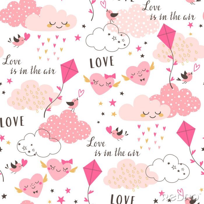 Papier peint à motif  Modèle sans couture de la jolie Saint-Valentin avec des nuages ​​roses, des coeurs, des cerfs-volants, des oiseaux et des étoiles sur fond blanc.