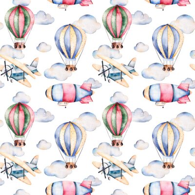Papier peint à motif  Modèle sans soudure avec des ballons d'air, dirigeable, les nuages ​​et l'avion dans les couleurs pastel.Les ballons d'air en verre magnifiquement décoré sur fond blanc et d'autres avions.Perfect pour