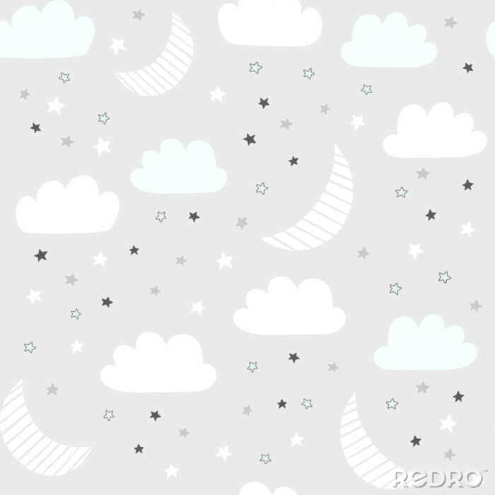 Papier peint à motif  Modèle vectoriel de ciel nocturne avec étoiles dessinées à la main, les nuages ​​et la lune. Fond de bébé sans couture.