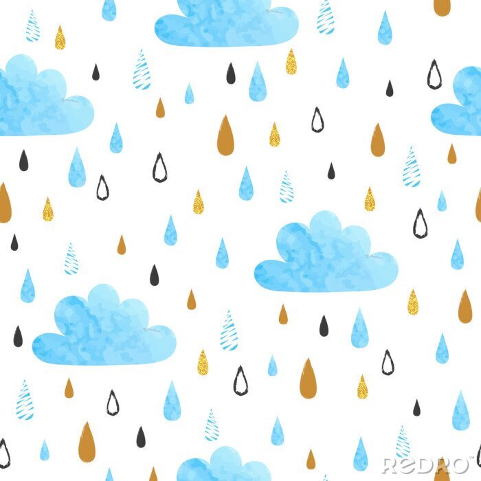 Papier peint à motif  Modèle vectorielle continue avec des nuages ​​aquarelles et des gouttes de pluie.