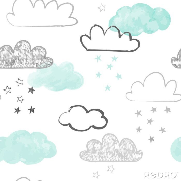 Papier peint à motif  Motif de nuages ​​Doodle. Dessinés à la main vecteur fond transparent avec des nuages ​​et des étoiles en gris et sarcelle. Imprimé de style scandinave.