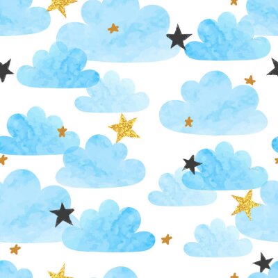 Motif de nuages ​​et étoiles aquarelle bleue vectorielle continue.