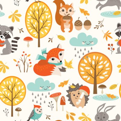 Papier peint à motif  Motif transparent à l'automne avec de beaux animaux forestiers, des arbres, des nuages ​​pluvieux, des champignons et des feuilles.