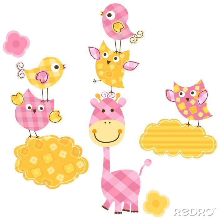 Papier peint à motif  Nuages ​​et girafes aux graphismes jaune-rose