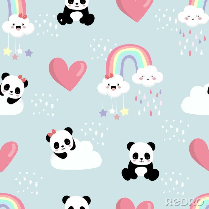 Papier peint à motif  Pandas mignons dans les nuages ​​parmi les coeurs