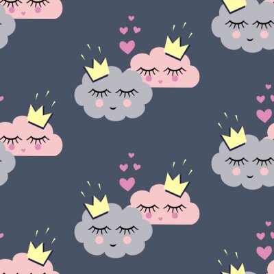 Papier peint à motif  Seamless avec couchage nuages ​​souriants dans l'amour pour les vacances. Design inhabituel pour la Saint Valentin. Enfant style de dessin. Vector illustration. Concept de fond Amour