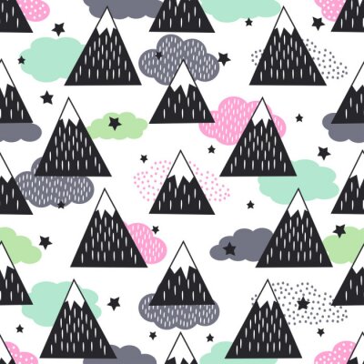 Seamless géométriques Snowy Mountains, les nuages ​​et les étoiles. Illustration graphique nature. Résumé montagnes en arrière-plan.