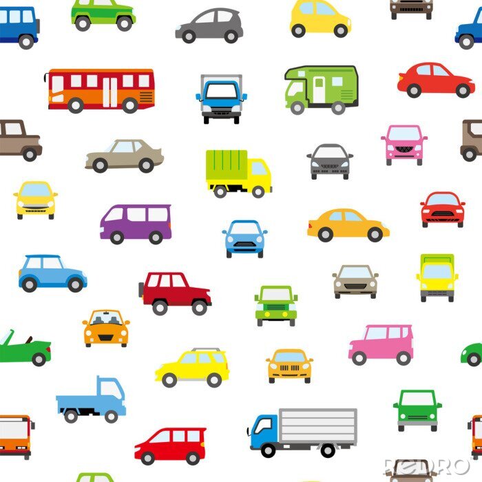 Papier peint à motif  色々な車のアイコンのシームレスパターン背景(ポップカラー)