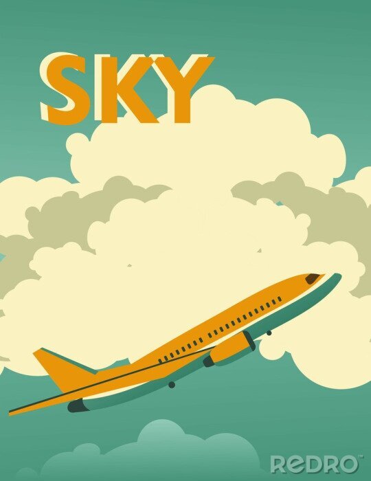 Papier peint à motif  Un avion se détachant sur les nuages et le mot « Ciel » dans un style de dessin vintage