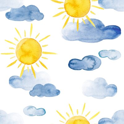 Papier peint à motif  Yellow sun and blue clouds watercolor weather pattern set