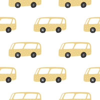Papier peint à motif  Yelow bus seamless pattern. Doodle cars vector illustration.