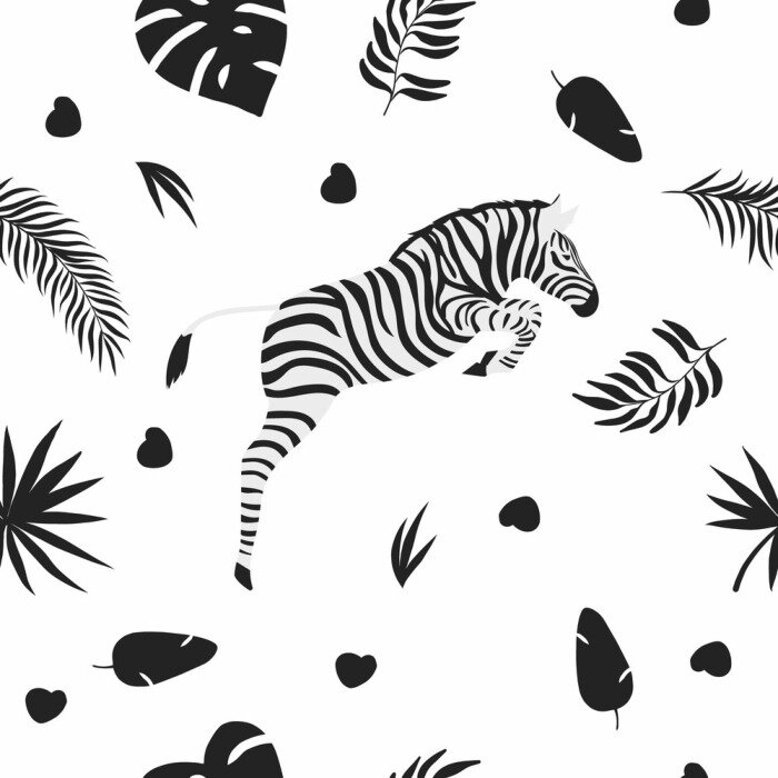 Papier peint à motif  Zèbre qui saute entouré de plantes