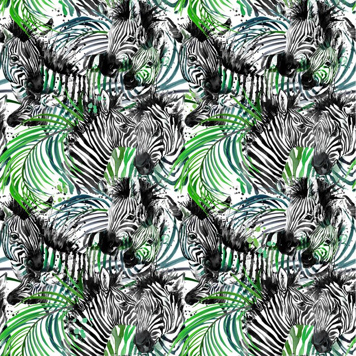 Papier peint à motif  Zèbres au milieu de feuilles tropicales
