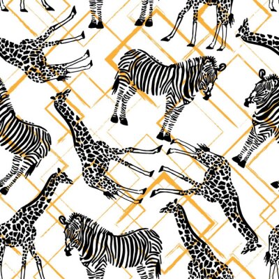 Papier peint à motif  Zèbres et girafes monochromes sur fond coloré