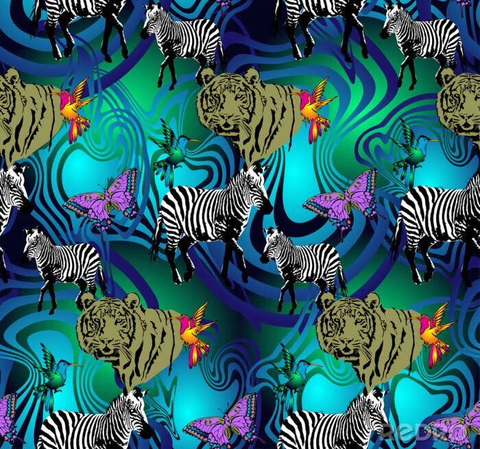 Papier peint à motif  Zèbres et tigres sur fond abstrait avec des papillons