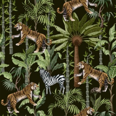 Papier peint à motif  Zèbres et tigres sur fond de plantes tropicales