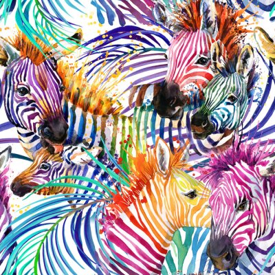 Papier peint à motif  Zèbres multicolores à l'aquarelle