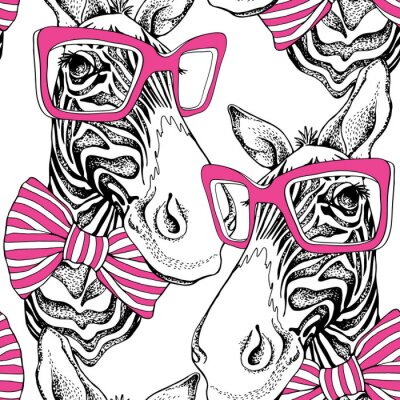 Papier peint à motif  Zèbres peints avec des lunettes et des nœuds roses