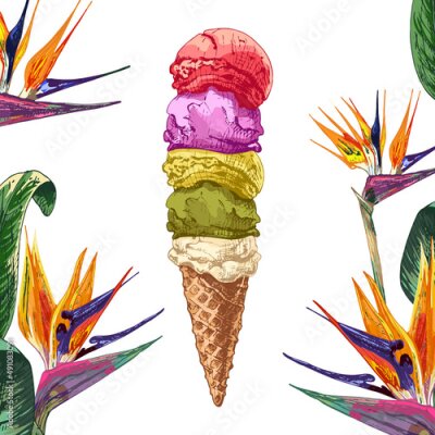 Papier peint  288_waffle cone, ice cream, ball_ice cream balls_ice cream, waffle cone and many balls, strelitzia leaves and flowers, summer banner design, cards, congratulations, postcards, colorful anniversary bac