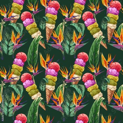 Papier peint  330_waffle cone, ice cream, ball_ice cream balls)ice cream, waffle cone and many balls, tropical plant, strelitzia leaves and flowers, summer banner design, colorful summer seamless pattern