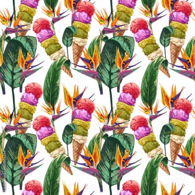 Papier peint  331_waffle cone, ice cream, ball_ice cream balls_ice cream, waffle cone and many balls, tropical plants, strelitzia leaves and flowers, summer banner design, colorful summer seamless pattern, printabl