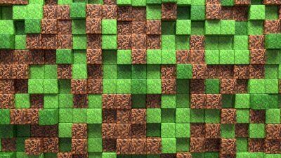 Papier peint  3D Abstract cubes. Video game geometric mosaic waves pattern. Construction of hills landscape using brown and green grass block. Concept of game minecraft