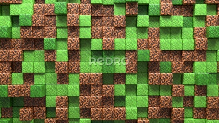 Papier peint  3D Abstract cubes. Video game geometric mosaic waves pattern. Construction of hills landscape using brown and green grass block. Concept of game minecraft