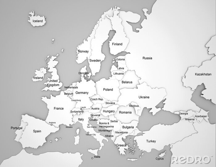 Papier peint  3D Carte de l'Europe avec des noms de pays en anglais