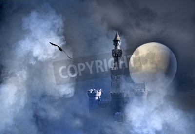 Papier peint  3D château dans les nuages nuit de pleine lune