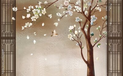 Papier peint  3d illustration, spotted blurred background, brown vertical frames, tall tree with magnolia flowers