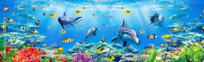 Papier peint  3d illustration  wallpaper under sea dolphin, Fish, Tortoise, Coral reefsand water with broken wall bricks background. will visually expand the space in a small room, bring more light and become an ac