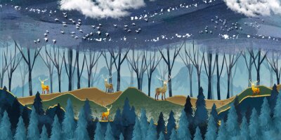 Papier peint  3d modern art mural wallpaper with dark blue Jungle , forest background . golden deer, christmas tree , mountains , clouds with white birds . Suitable for use as a frame on walls .