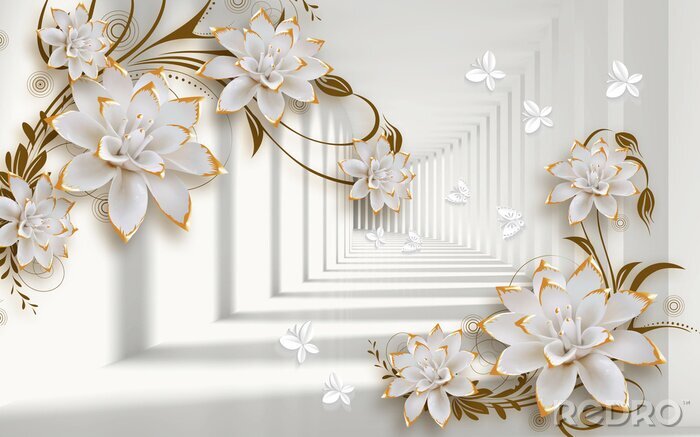 Papier peint  3d mural illustration background with golden jewelry and flowers , circles  decorative wallpaper