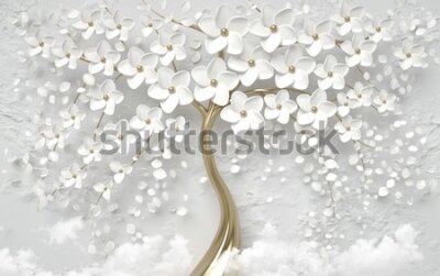 Papier peint  3d picture sakura tree with white flowers Wallpaper Background 
