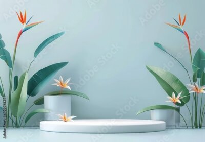 Papier peint  3D podium with strelitzia flowers on pastel blue wall for product display, mockup design with empty space, showcase platform for cosmetics. 3D Rendering Mock up
