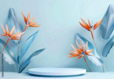 Papier peint  3D podium with strelitzia flowers on pastel blue wall for product display, mockup design with empty space, showcase platform for cosmetics. 3D Rendering Mock up
