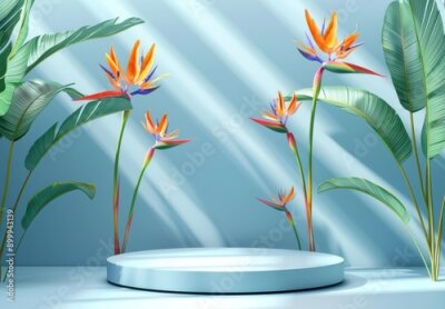Papier peint  3D podium with strelitzia flowers on pastel blue wall for product display, mockup design with empty space, showcase platform for cosmetics. 3D Rendering Mock up