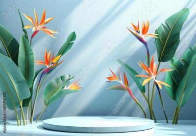 Papier peint  3D podium with strelitzia flowers on pastel blue wall for product display, mockup design with empty space, showcase platform for cosmetics. 3D Rendering Mock up