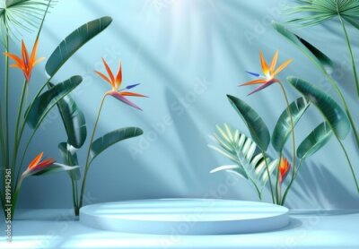 Papier peint  3D podium with strelitzia flowers on pastel blue wall for product display, mockup design with empty space, showcase platform for cosmetics. 3D Rendering Mock up