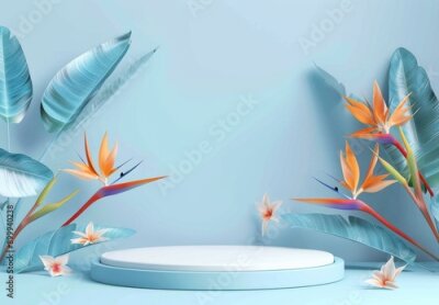 Papier peint  3D podium with strelitzia flowers on pastel blue wall for product display, mockup design with empty space, showcase platform for cosmetics. 3D Rendering Mock up