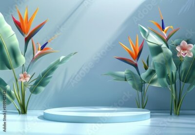 Papier peint  3D podium with strelitzia flowers on pastel blue wall for product display, mockup design with empty space, showcase platform for cosmetics. 3D Rendering Mock up