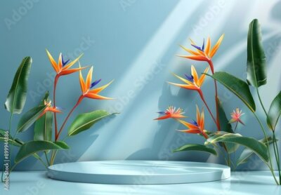 Papier peint  3D podium with strelitzia flowers on pastel blue wall for product display, mockup design with empty space, showcase platform for cosmetics. 3D Rendering Mock up