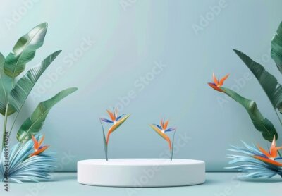 Papier peint  3D podium with strelitzia flowers on pastel blue wall for product display, mockup design with empty space, showcase platform for cosmetics. 3D Rendering Mock up