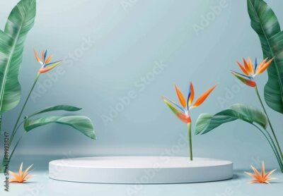 Papier peint  3D podium with strelitzia flowers on pastel blue wall for product display, mockup design with empty space, showcase platform for cosmetics. 3D Rendering Mock up