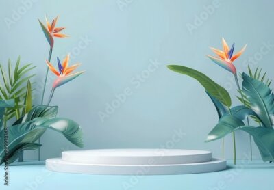 Papier peint  3D podium with strelitzia flowers on pastel blue wall for product display, mockup design with empty space, showcase platform for cosmetics. 3D Rendering Mock up
