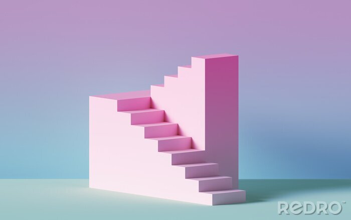 Papier peint  3d render, pink stairs, steps, abstract background in pastel colors, fashion podium, minimal scene, architectural block, design element