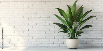 Papier peint  3D rendering of green strelitzia plant leaves in a pot set against a white brick wall backdrop with ample copy space