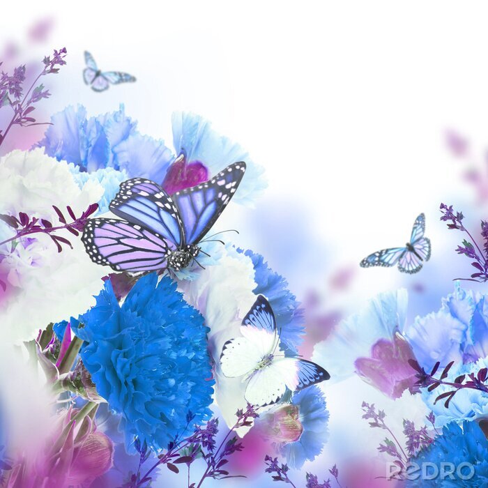 Papier peint  3D roses, oeillets et papillons